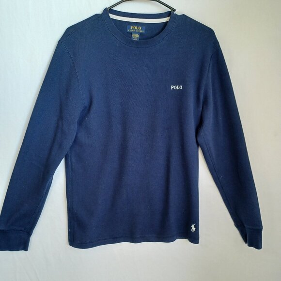 Polo Ralph Lauren Shirt Navy Blue Waffle Knit Pullover Long Sleeve Tee Mens Med - Picture 2 of 9